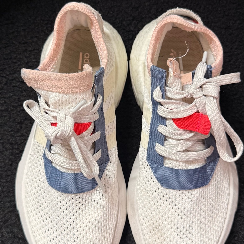 Adidas BOOST Cream Sneakers with Pink and Blue Accents